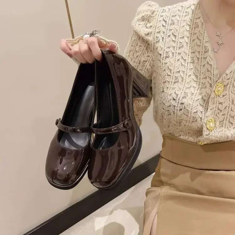 Comemore Summer New Patent Leather Brown Vintage Thick High Shoes Women Woman Square Toe Chunky Heels 2024 Black