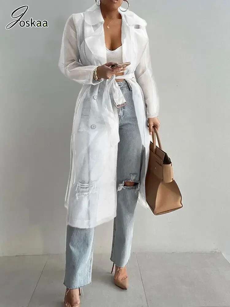 Joskaa Solid Organza See Through Lapel Full Sleeve Trench 2023 Summer Women Fashion Buttoned Coat With Belt Elegant Shirts