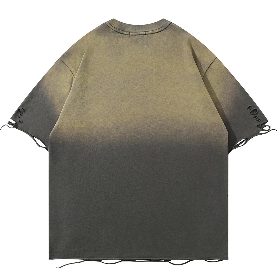 Distressed Ripped T-shirt Metal Star T-shirt Emrboidery Retro Loose T-shirt Mens Harajuku Street Clothing Extra Large Hip Hop T-shirt 250403