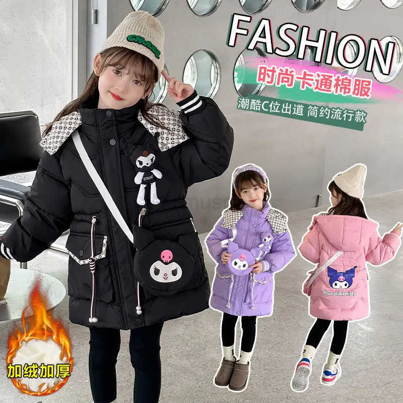 Sanrio Kawaii Winter Anime Kuromi Sanrios Kids Girls Cotton Jacket Long-Style Plush Hooded Thick Cute Down Jacket Cartoon Cotton Jacket H251104