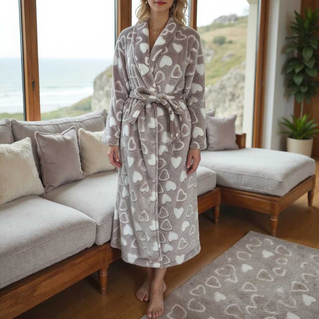 Womens Thick Flannel Bathrobe Heart Print Long Sleeve Fuzzy Plush Shawl Collar Bath Robe with Belt C251104