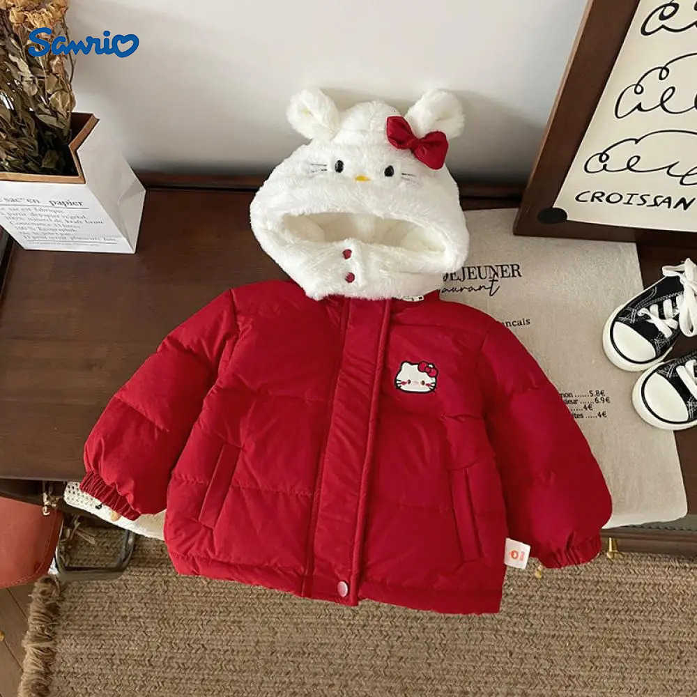 Sanrio Hello Kitty New Cute Red Coat Girls Autumn Winter College Style Cotton Jacket Plush Hooded Y2K Japanese Style Zipper Tops H251104