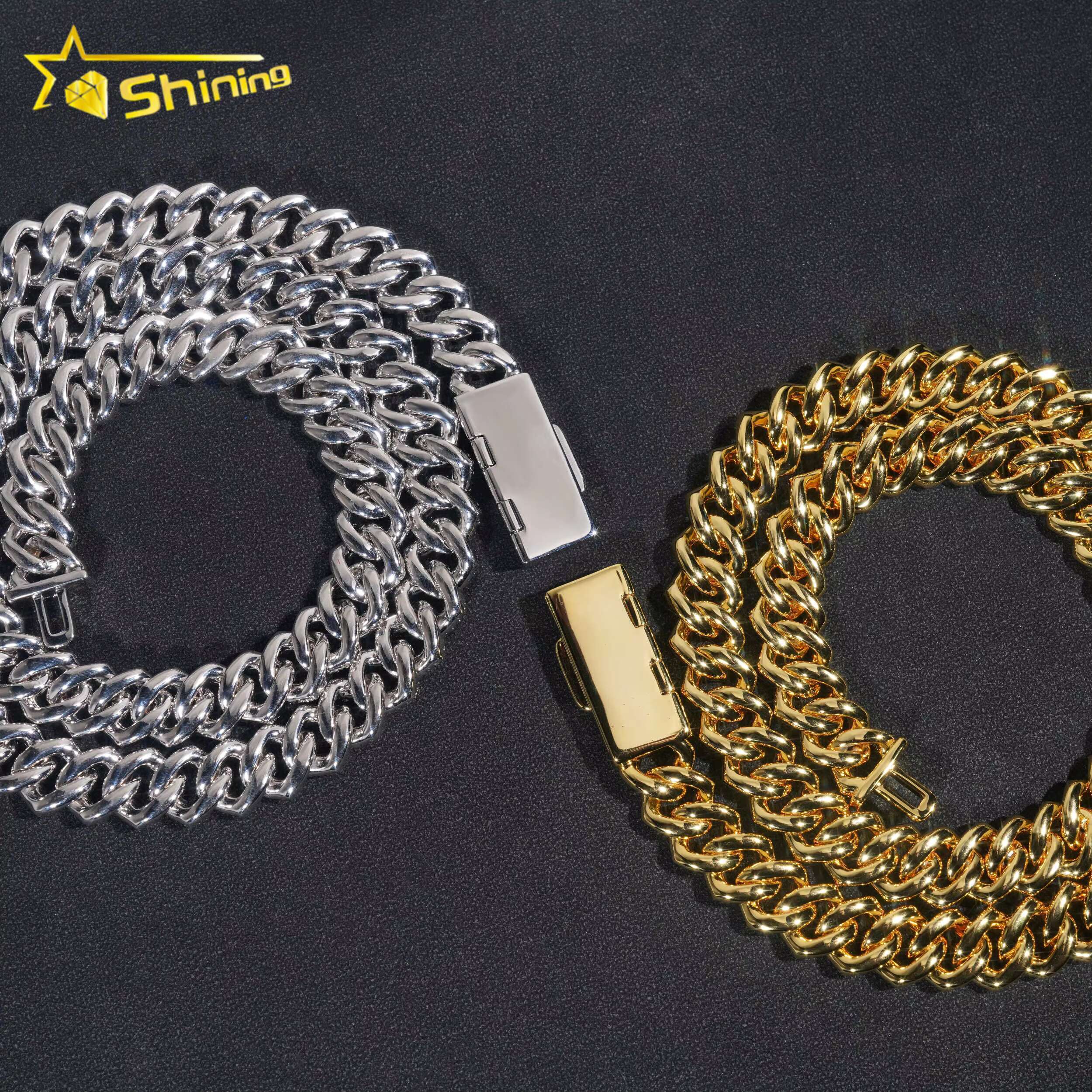 Fashion Jewelry Brass Hip Hop Link Chain Necklace Men Gold Plated 12MM Width CZ Cuban Link Chain