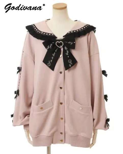 Japanese Style Liz Sailor Collar Cardigan Coat New Autumn Heart Shape Rhie Lace-up Bow Loose Hoodie Jacket Outwear