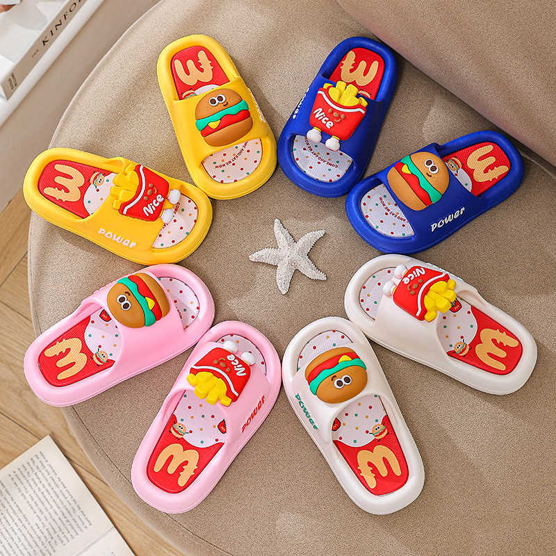 New childrens slippers cartoon burger for girls indoor and home use soft bottom non slip mens one-piece slippers for outdoor wear J250403