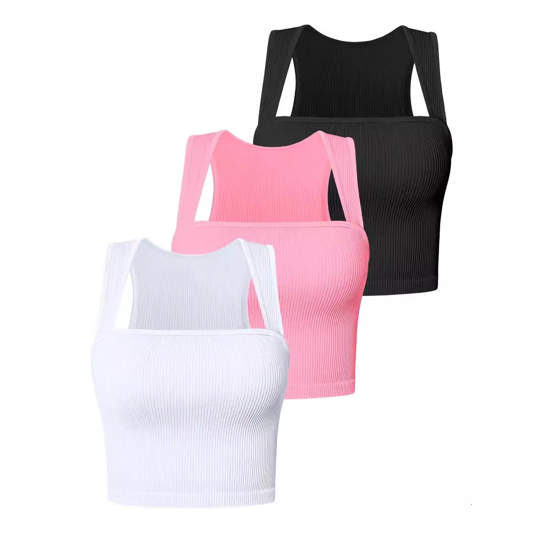 2025 TEMU Summer New Women's Sleeveless Square Neck Elastic T-shirt with Umbilical Strap Tank Top