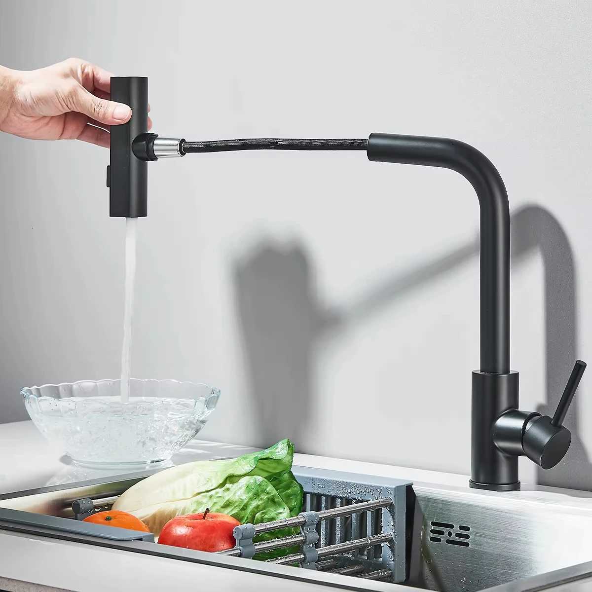 Gunmetal grey pl-out kitchen sink faucet water flow spout stainless steel hot and cold water mixer deck mounted faucet Y251104