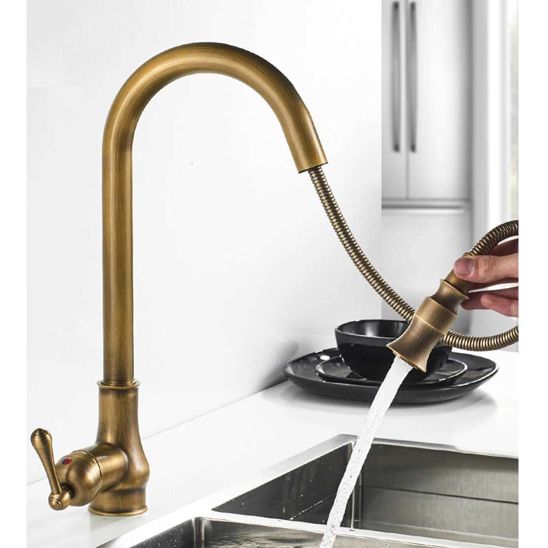 Antique Brass Kitchen Sink Faucet Pl Down Swivel Spout Kitchen Deck Mounted Bathro Hot and Cold Water Mixers Tap Y251104