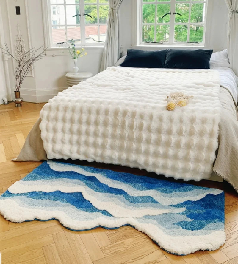 Blue Sea Pattern Tufted Rug Flocking Carpet Aesthetic Home Pad Funny Japanese Style Tufting Rug Cute Floor Pad Anti Slip Doormat 250403