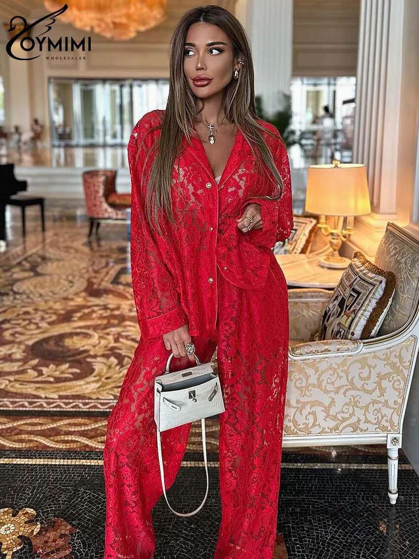 Oymimi Summer Pink Perspective Womens 2 Piece Casual Long Sleeve Button Shirts And High Waist Straight Trousers Female Sets