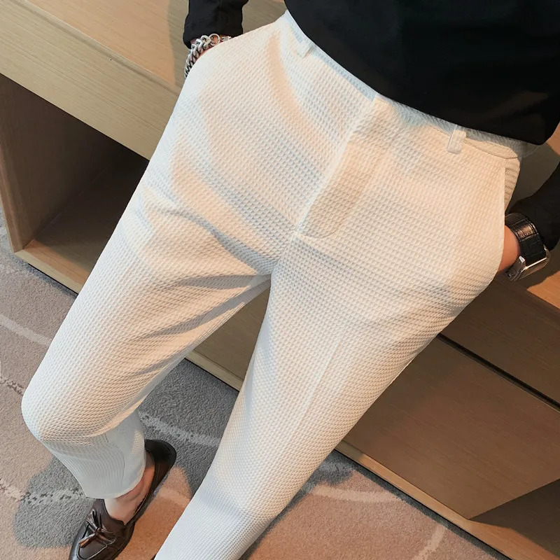 Autumn Waffle Elastic Waist Business Formal Pants Mens Fashion Wedding Ultra Thin Trouser Mens Social Party Set Pants 250402