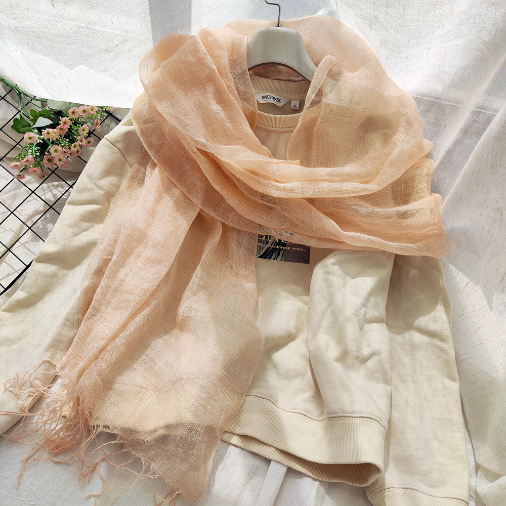 K303 Cross-border customized dirty dyed linen scarf, distressed retro ladies summer thin literary tassel sunscreen shawl