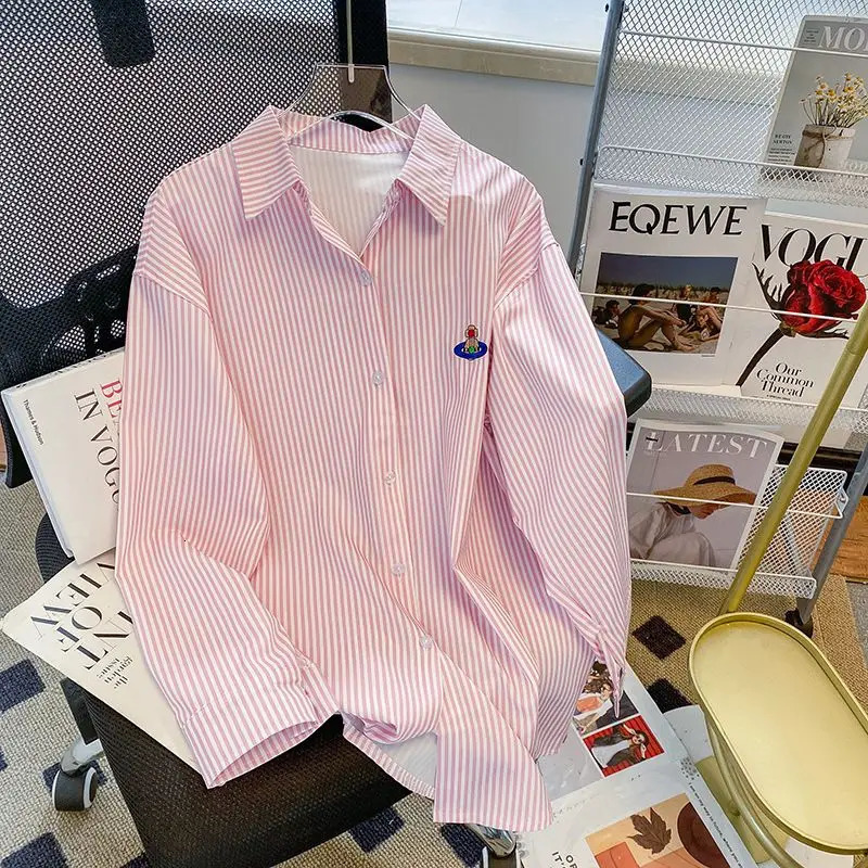 Spring Autumn Women Vintage Striped Print Shirt Lapel Embroidery Chic Oversized Blouse Female Casual Streetwear Long Sleeve Tops 250403