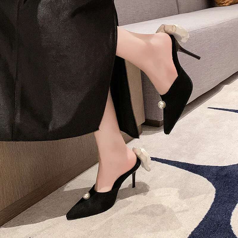 Ladies Banquet Professional High Heels 2024 Pointy Satin Pearl Fine White Rose Sandal Design Sense 7Cm Baotou Slippers Slides