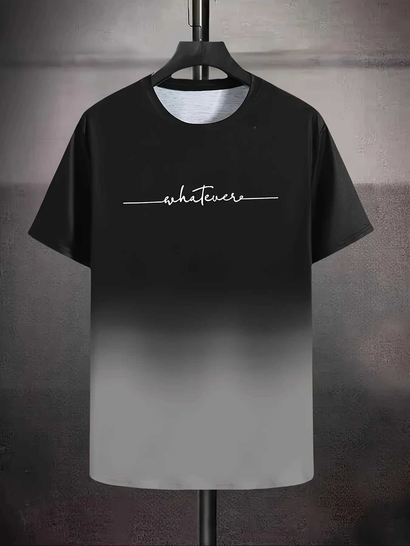 Mens gradient color and letter printed WHATEVER crew collar and short sleeved T-shirt a casual and comfortable top suitable for daily wear in summer W