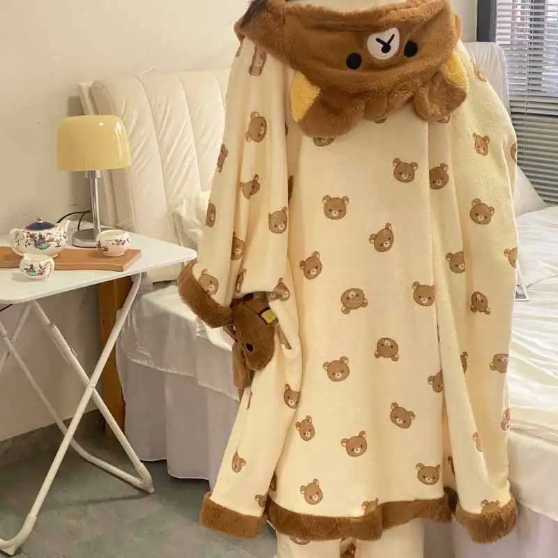 Fashion Cute Rilakkuma Cartoon Thick Robe Coral Flannel Hooded Pajamas Soft Comfortable Warm Autumn Winter Home Clothes Practical Gifts Y251104