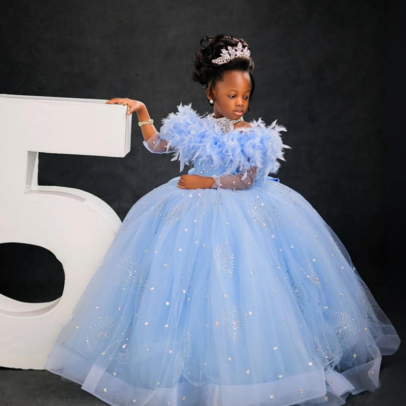 2025 Aso Ebi Blue Flower Girl Dresses Children Birthday Dress Illusion Feather High Neck Rhinestones Tiered Tulle Princess Queen Ball Gown For Marriag