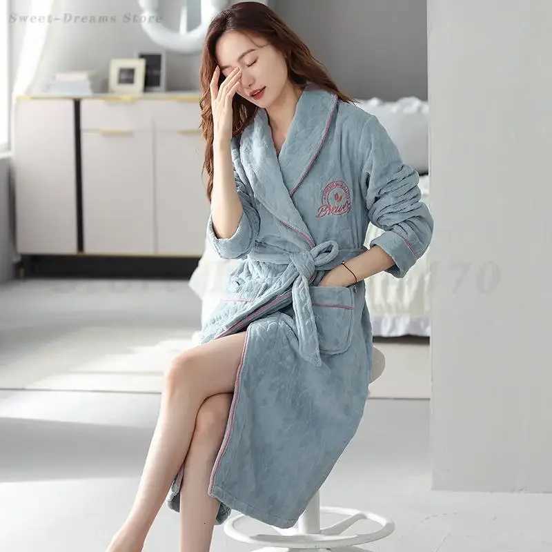 Large Size 4XL Bathrobe Kimono Gown Winter Flannel Long Sleeve Robe with Pocket Women Thicken Sleepwear Home Clothing Loungewear C251104