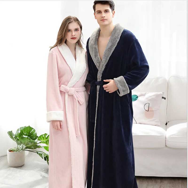 Men Extra Long Warm Flannel Bathrobe 40-100 Kg Men Winter Coral Fleece Bath Robe Night Sleepwear Women Dressing Gown Cozy Robes C251104