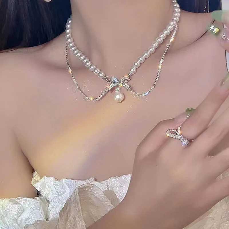 Kpop Irregular Bow Chain Necklaces Y2K Zircon Crystal Beads Tassel Necklace Aesthetic Double Chain Choker Necklaces Jewelry GiftXJ251104