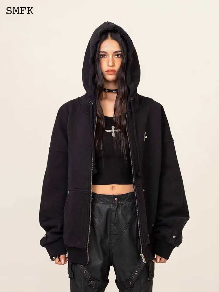 SMFK Cross Flower Hoodie Classic Zipper Metal Rivet Cardigan for Women Oversized Sports Jackets Autumn Winter Cotton Hooded Coat J251103