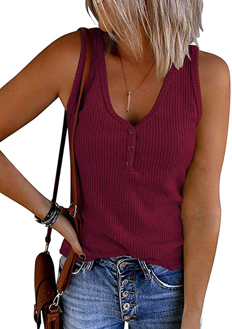 2025 Women's Summer Button Fit Knitted Tank Solid Color V-neck Sleeveless Top for Women