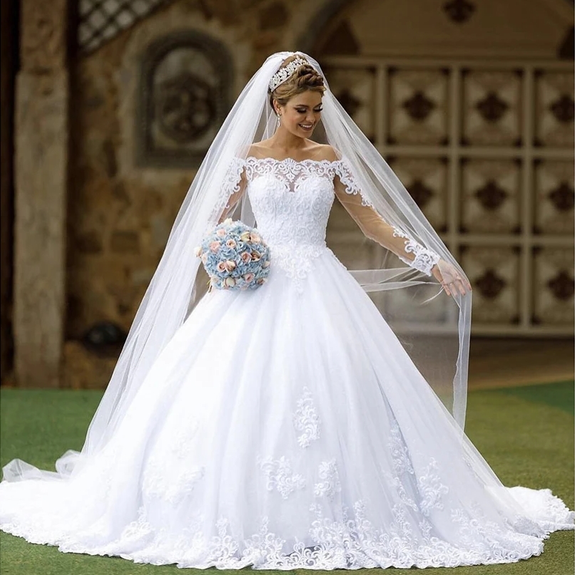 Long Sleeves Princess Wedding Dresses Lace Appliques Chapel Train Bridal Gown Elegant White Vestido De Novia 2025