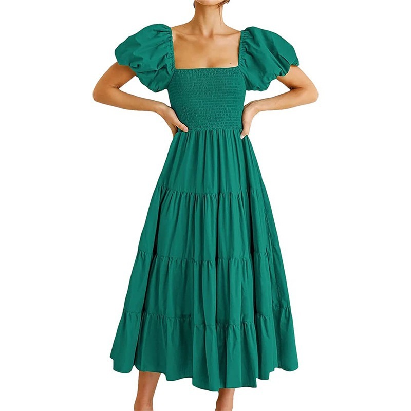 2025 Womens Loose Casual Bubble Sleeve Long Solid Color Dress