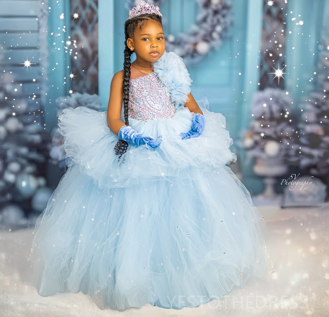2025 Aso Ebi Light Sky Blue Flower Girl Dresses Children Birthday Dress Illusion One Shoulder Rhinestones Tiered Tulle Princess Queen Ball Gown For Ma