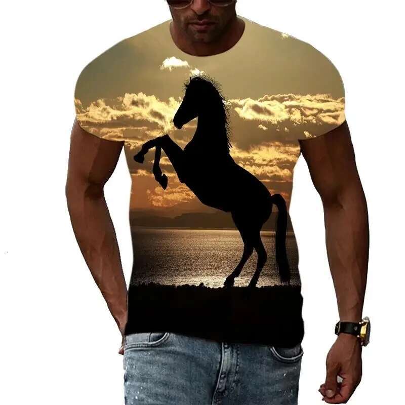 New Tide Summer Fashion Horse Picture T-shirts Casual Print Tees Hip Hop Personality Round Neck Short Sleeve Tops