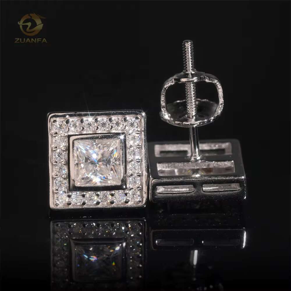 Hip Hop High Quality Iced Out Screw Back Stud Moissanite Diamond Square Earrings for Men