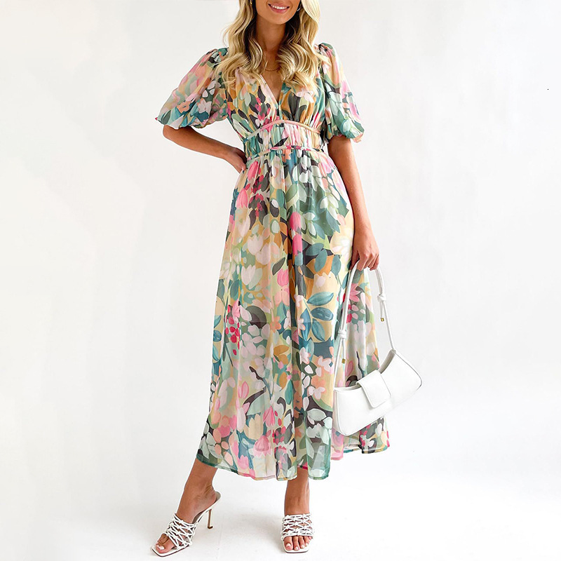 2025 new womens clothing intellectual and elegant V-neck long printed dress