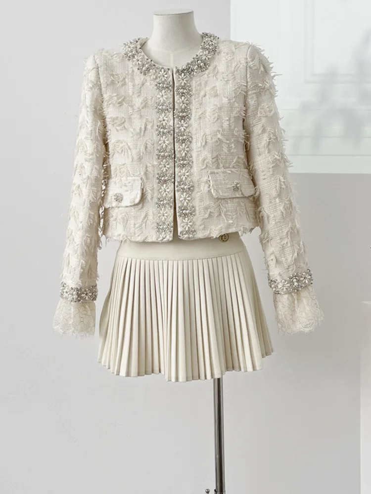 Small Fragrance Autumn Winter Beading Tweed Pearls Short Jacket CoatMini Pleated Skirt Suit 2 Piece Women High Quality Outfits 251104