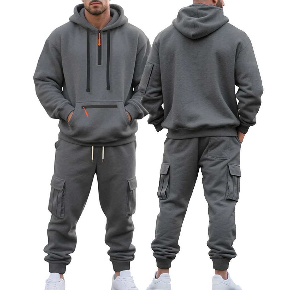 Mens Heavyweight FleeceLined Casual Tracksuit Set for Winter LooseFit HalfZip 2Piece Workwear Style J251104