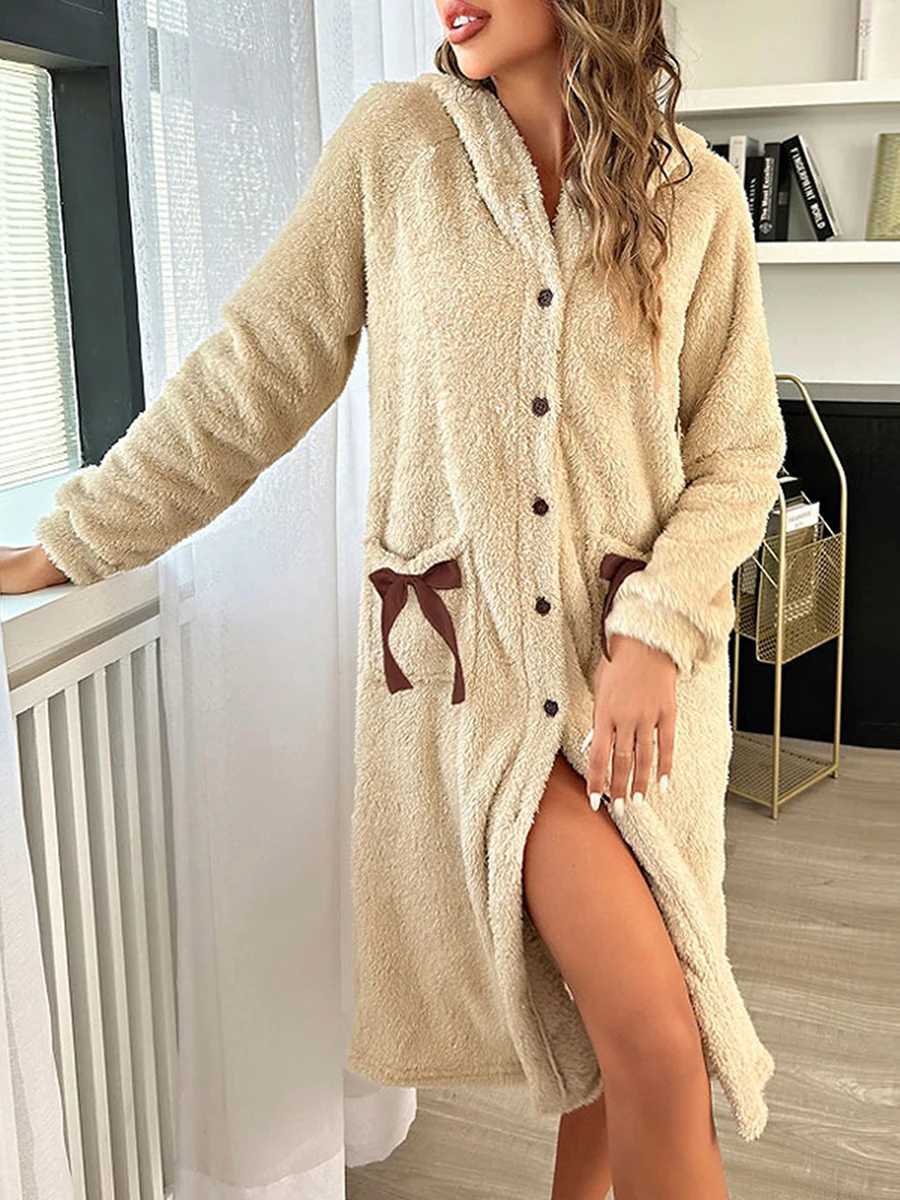 Women Gown Robe Buttons Bow Pockets Winter Warm Flannel Hooded Bathrobe for Hotel Spa Party Kimono Robe C251104