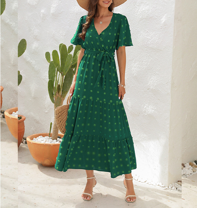 Womens 2025 Summer Bohemian Vacation Style Casual Loose Elegant V-neck Dress