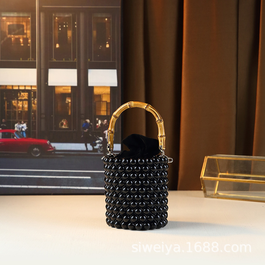 Fashionable Mini Drawstring Bucket Women's New Pearl Chain Hand-Held Bamboo Single Shoulder Crossbody Bag, Trendy