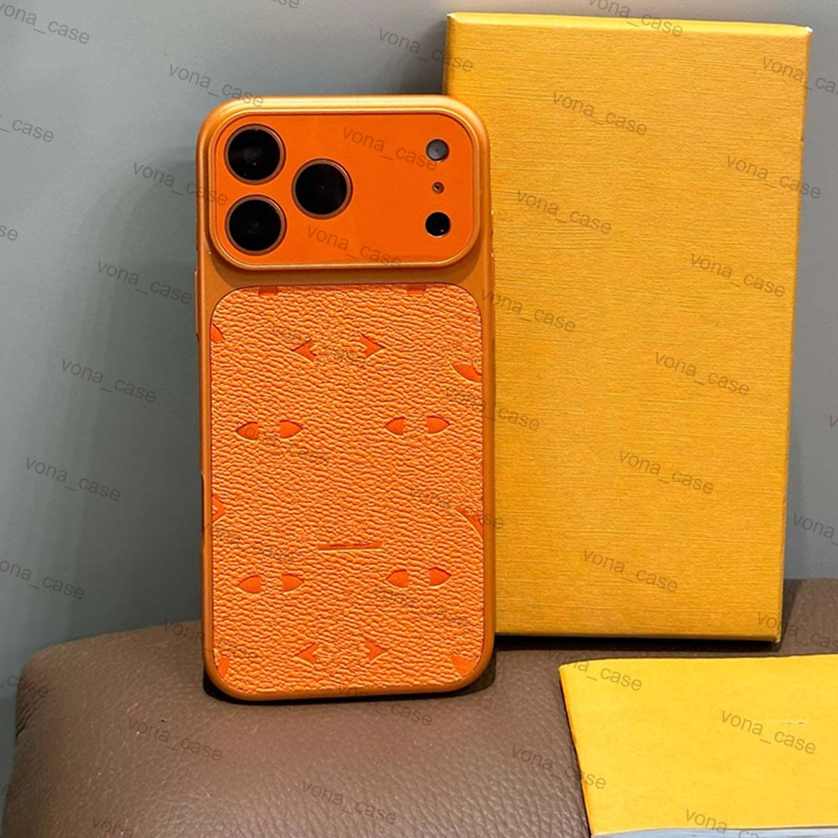 Luxury iPhone Case for iPhone 17 Pro Max with Box 17 Pro 16 15 14 13 Orange Designer Phone Case Embossed Leather Good Grip Shockproof HH Phone Cover for Women Men Gift