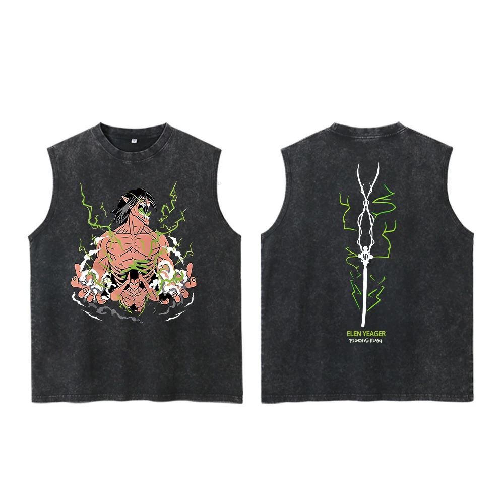 Attack on Titan Anime Acid Washed Printed Vest 100% Cotton Streetwear Tops Vintage Manga Fashion Oversized Vest for Men Unisex 250402