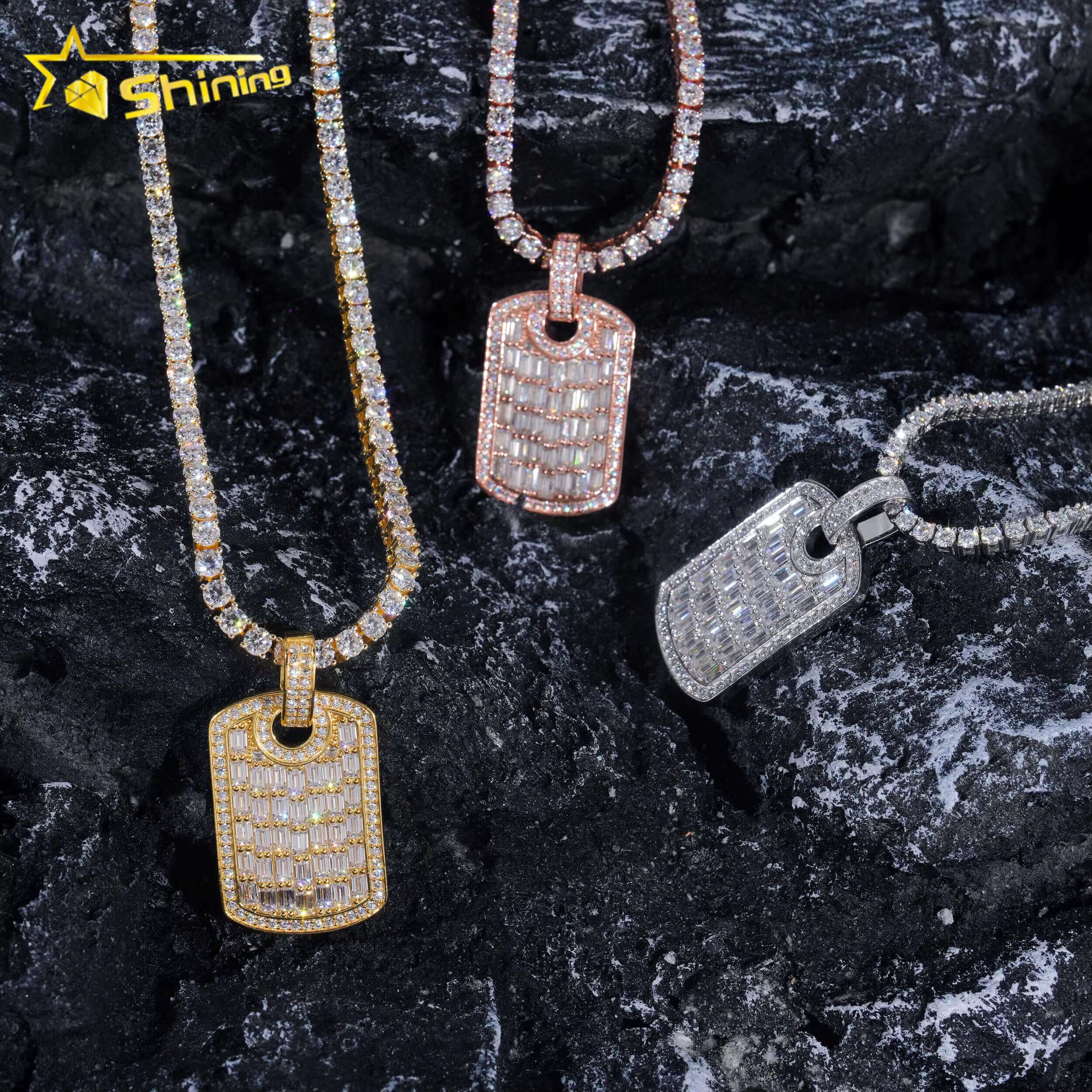 Iced Out Baguette Mossanite Tag Charms 925 Sterling Silver VVS Moissanite Diamond Pendant Fine Jewelry Ready to Ship