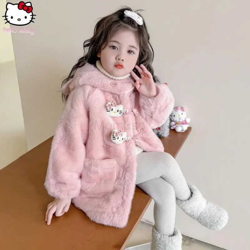 Sanrio Girls Hello Kitty Warm Hooded Jacket Kawaii Autumn Winter New Cartoon Anime Cotton Clothing Fashionable Thickened Coat H251104