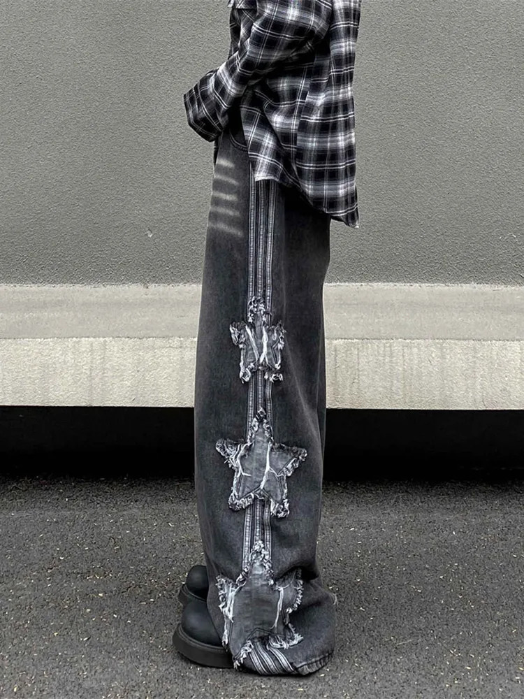 Ropa Y2K Streetwear Star Patchwork Embroidered Luggage Stacked Jeans Mens Wide Leg Old Straight Denim Shorts 250402