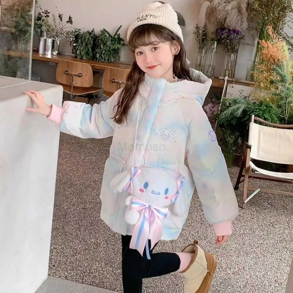 Sanrio Winter Anime Sanrios Cartoon Cinnamoroll Kuromi Childrens Down Clothes Fashion Girls Thicken Hooded Warm Cotton Padded Jacket H251104
