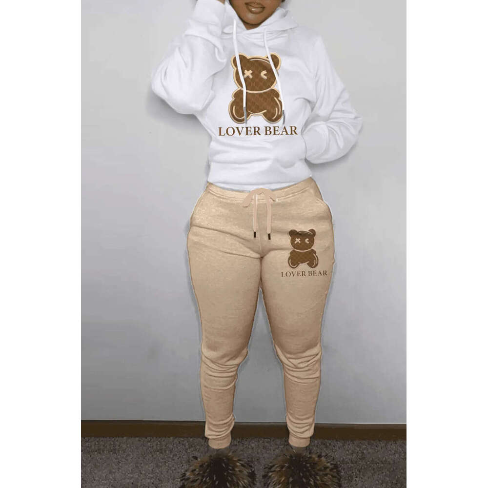 New casual hooded sweatshirt set with trendy bear head printed sweatpants set, European size sweatshirt, 2025 new style, chic and elegant clothing