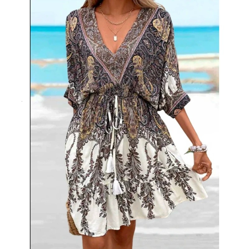 2025 Ethnic Style V-neck Printed A-line Skirt Bohemian Beach Dress