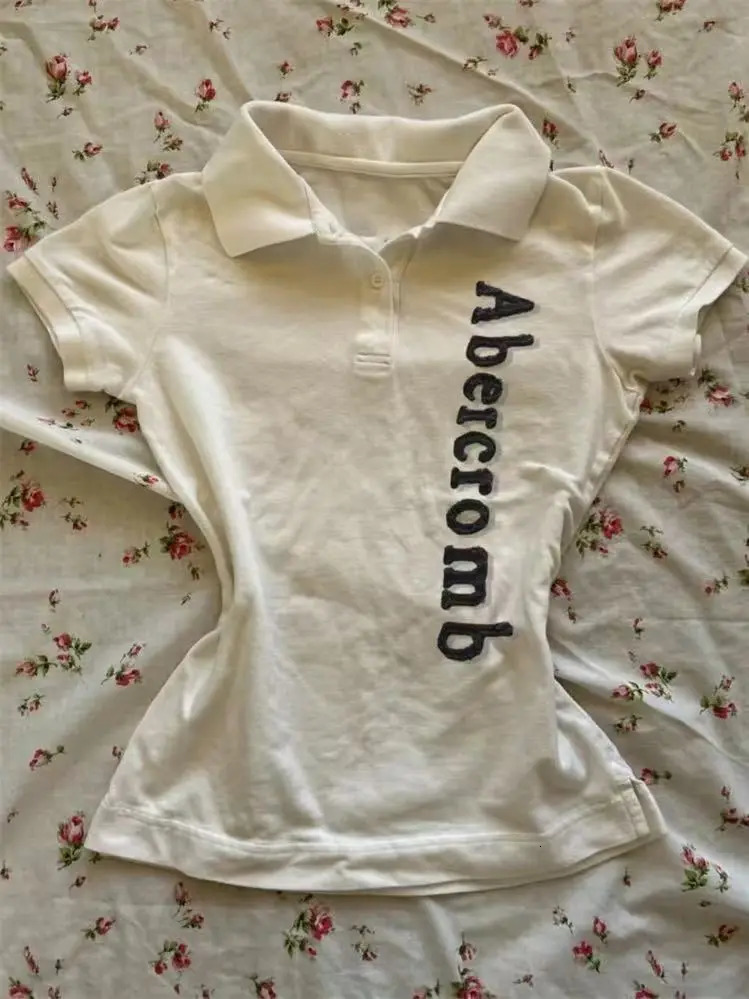 Y2k White Vintage Womens T-shirts Harajuku Short Sleeve Harajuku Printed American Style Tees Polo Collar Slim Tshirt Summer 250402