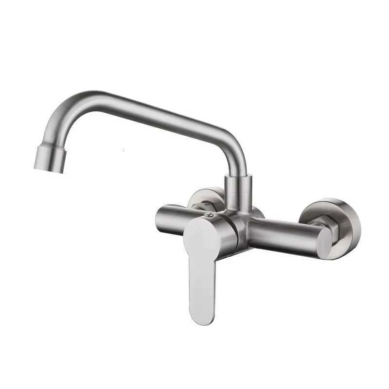 304 Stainless Steel Wall Mount Kitchen Faucet Mixer Kitchen Sink Faucet 360 Degree Rotation Hose Double Hole Faucet Y251104