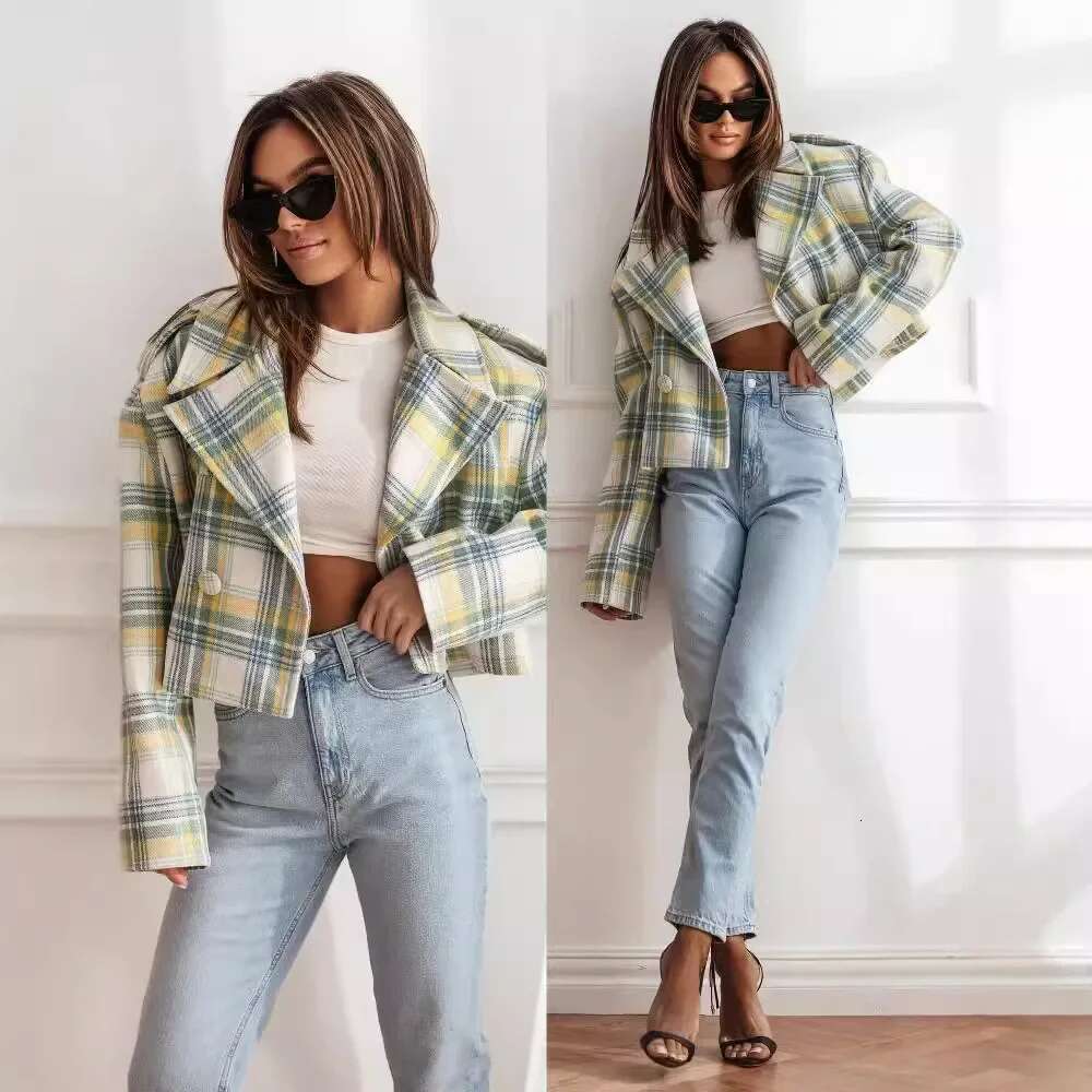 Fashionable British Style Plaid Print Woolen Mini Jacket For Women Polyester Fiber No Collar Other Patterns Origin China
