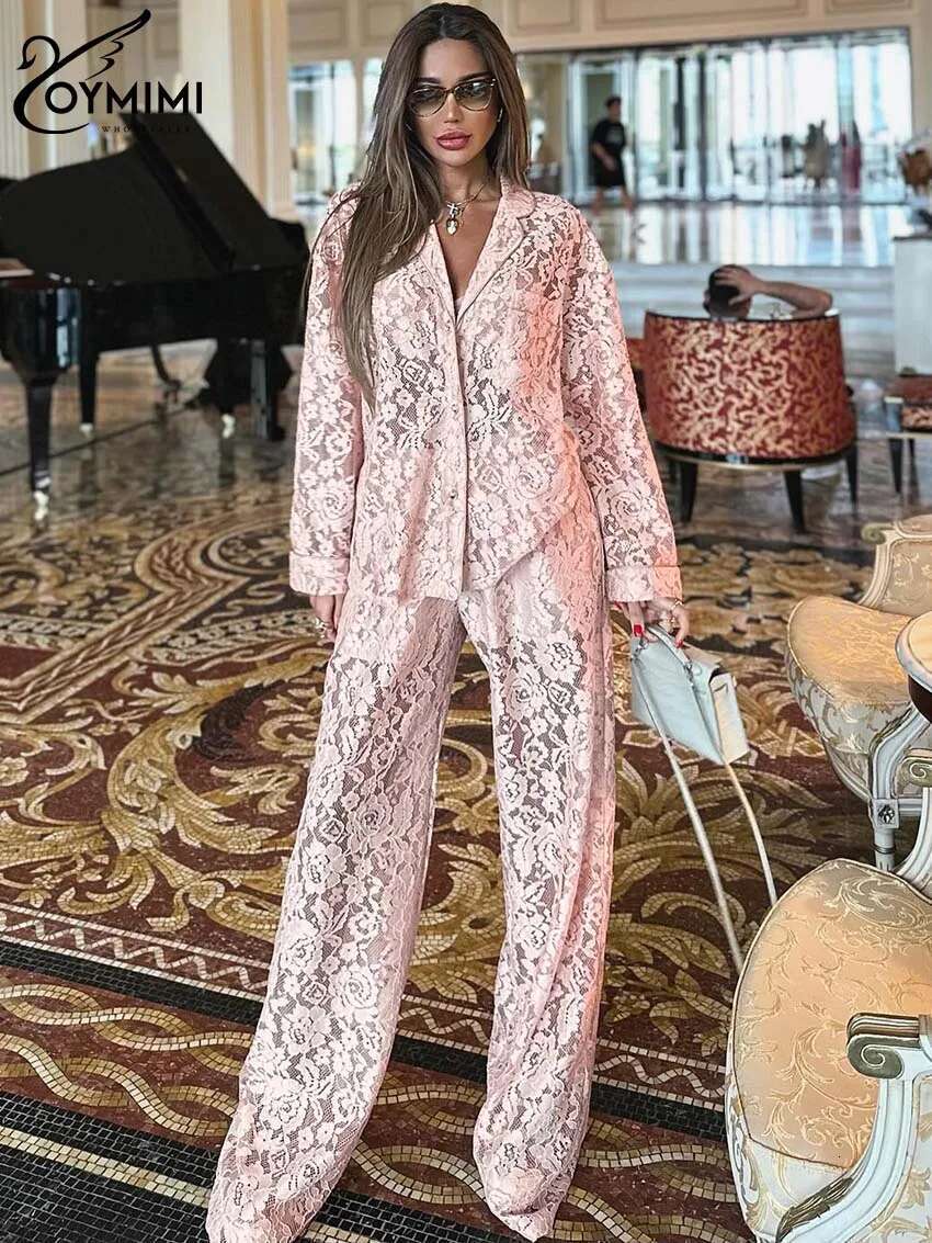 Oymimi Summer Pink Perspective Womens 2 Piece Casual Long Sleeve Button Shirts And High Waist Straight Trousers Female Sets