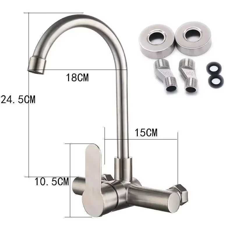 304 Stainless Steel Wall Mount Kitchen Faucet Mixer Kitchen Sink Faucet 360 Degree Rotation Hose Double Hole Faucet Y251104